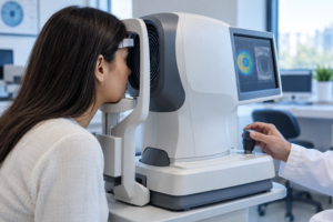 Paciente realizando exame de topografia da córnea antes de cirurgia refrativa